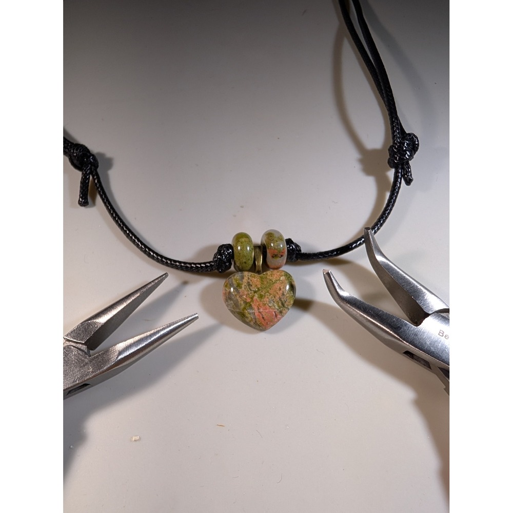 Unakite Heart Pendant Necklace Adjustable Black Cord Natural Stone Green Pink